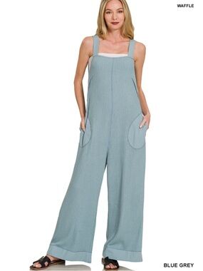 NWT SMALL Zenana Outfitters Blue Grey Waffle Knit Wide-Leg Jumpsuit